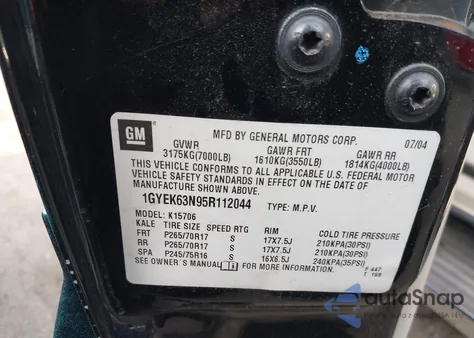 2005 Cadillac Escalade Standard z USA, uszkodzony, nr VIN 1GYEK63N95R112044